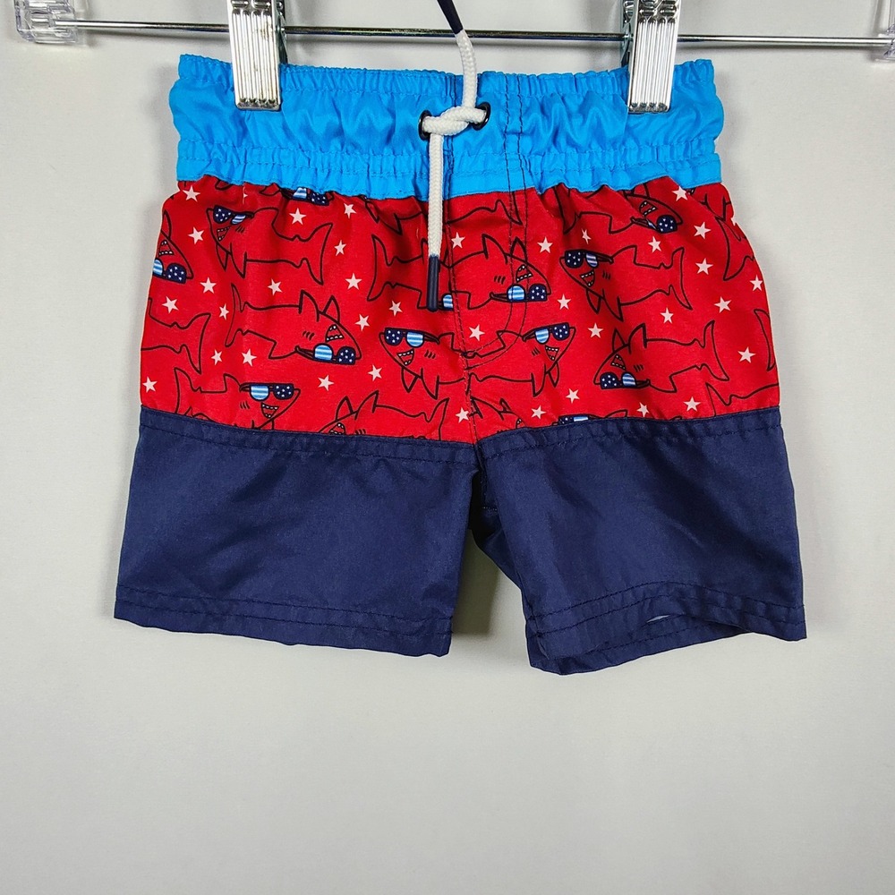 Cat & Jack Boys Shark Swim Trunks Red White Blue Mesh Lining 12M
